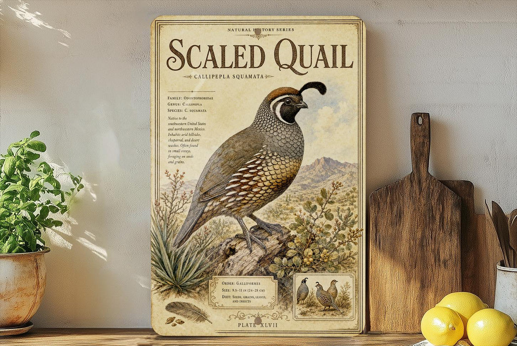 a vintage-style poster of a California quail, a type of bird, displayed on a shelf next to a wooden cutting board and some potted plants.
