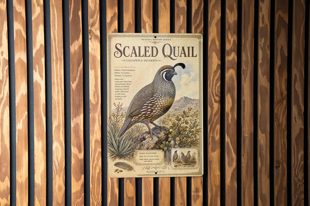 a vintage-style metal sign with a quail illustration, mounted on a wooden wall.