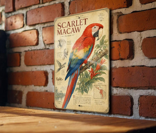 a vintage-style metal sign with a colorful illustration of a parrot, specifically a macaw, perched on a branch. The sign is mounted on a brick wall, and there is a wooden table below it.
