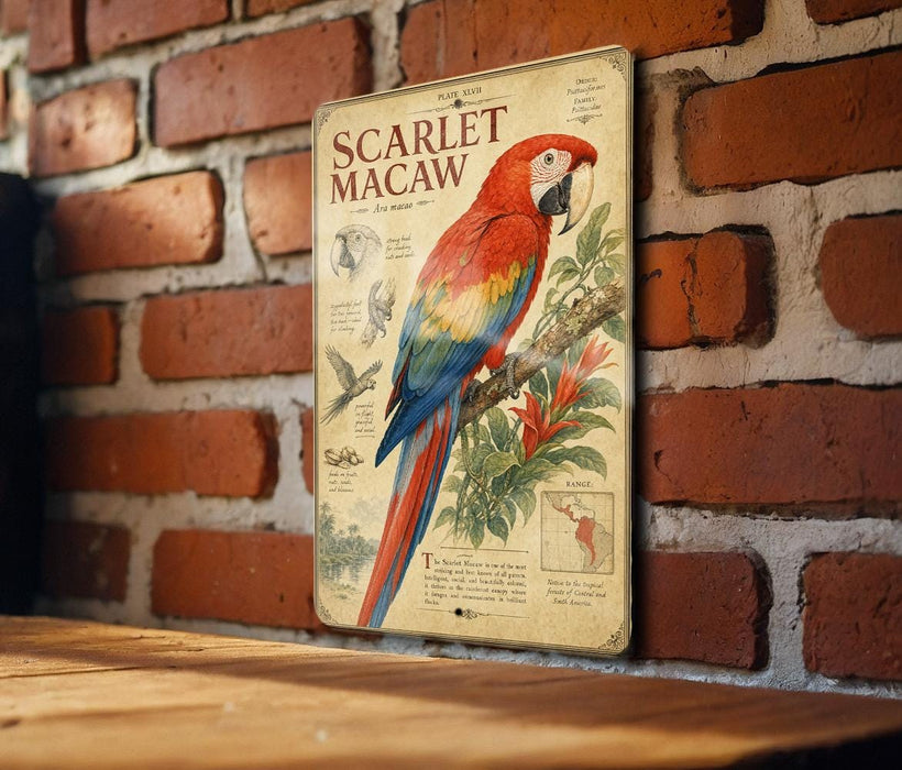 a vintage-style metal sign with a colorful illustration of a parrot, specifically a macaw, perched on a branch. The sign is mounted on a brick wall, and there is a wooden table below it.