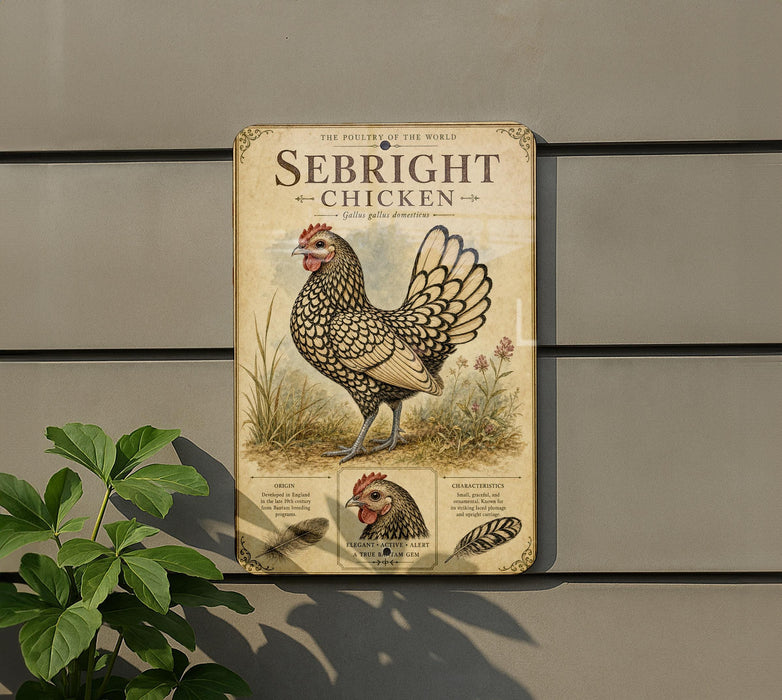 a vintage-style metal sign with an illustration of a chicken, mounted on a wall.