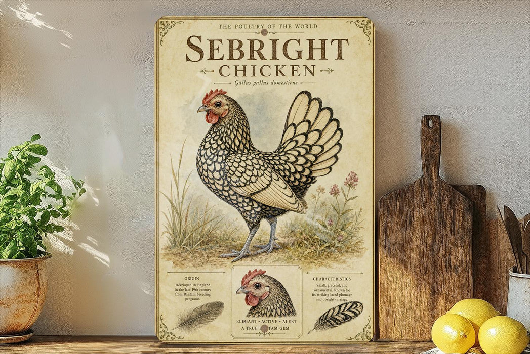 a vintage-style poster of a sebright chicken, which is a breed of chicken known for its distinctive appearance and coloration. The poster is displayed on a shelf next to a wooden cutting board and a potted plant, creating a rustic and homey atmosphere.