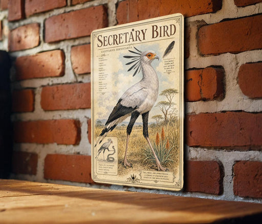 a decorative metal plaque with an illustration of a bird, mounted on a brick wall.