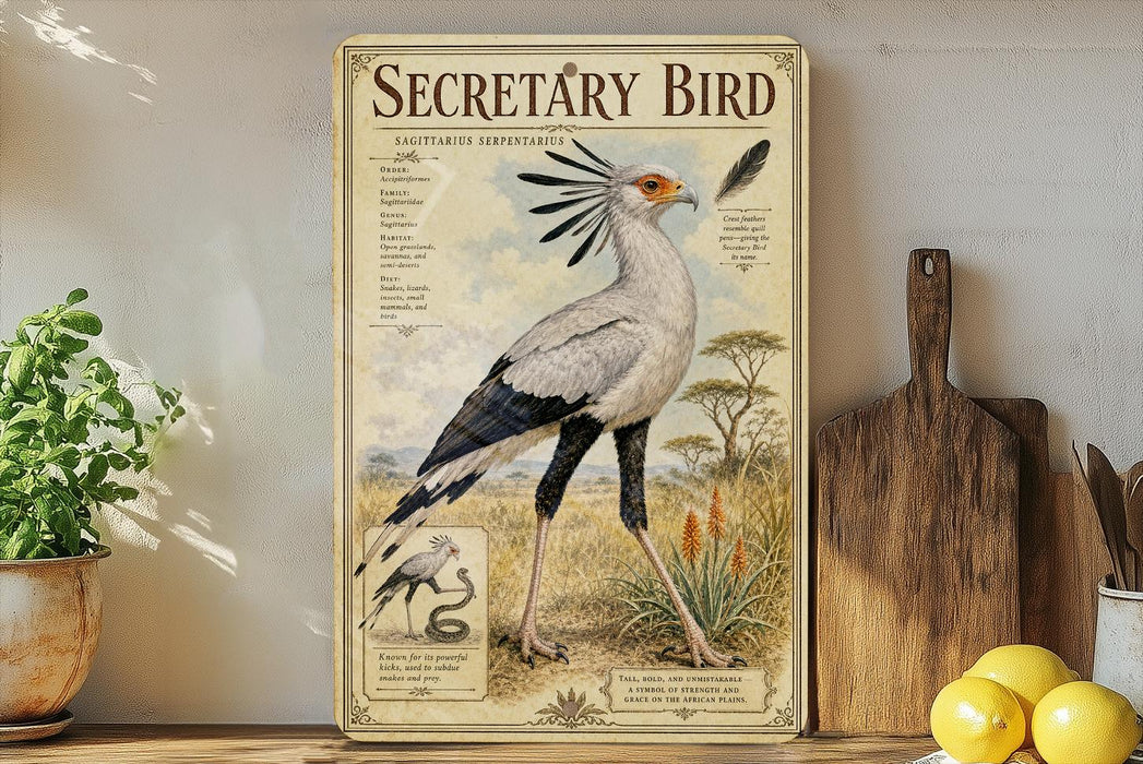 a poster of a Secretary Bird, which is a type of bird with a long neck and legs, standing in a grassy field with a snake nearby.