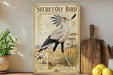 a poster of a Secretary Bird, which is a type of bird with a long neck and legs, standing in a grassy field with a snake nearby.