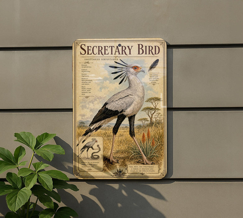 a decorative metal sign with an illustration of a bird, specifically a Secretary Bird, standing in a grassy field with a snake nearby.