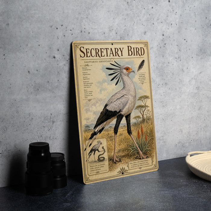 a decorative metal plaque with an illustration of a bird, specifically a white and black bird with a long neck and tail, standing in a grassy field with a snake nearby.