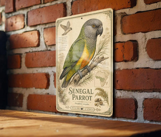 a decorative metal sign with an illustration of a colorful parrot, mounted on a brick wall.