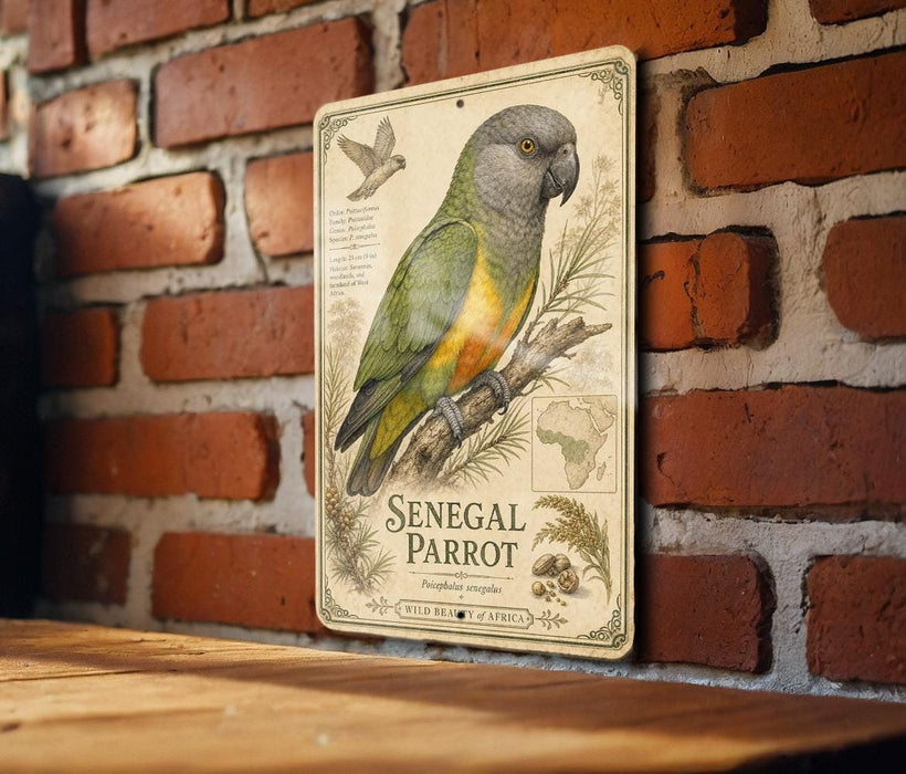 a decorative metal sign with an illustration of a colorful parrot, mounted on a brick wall.
