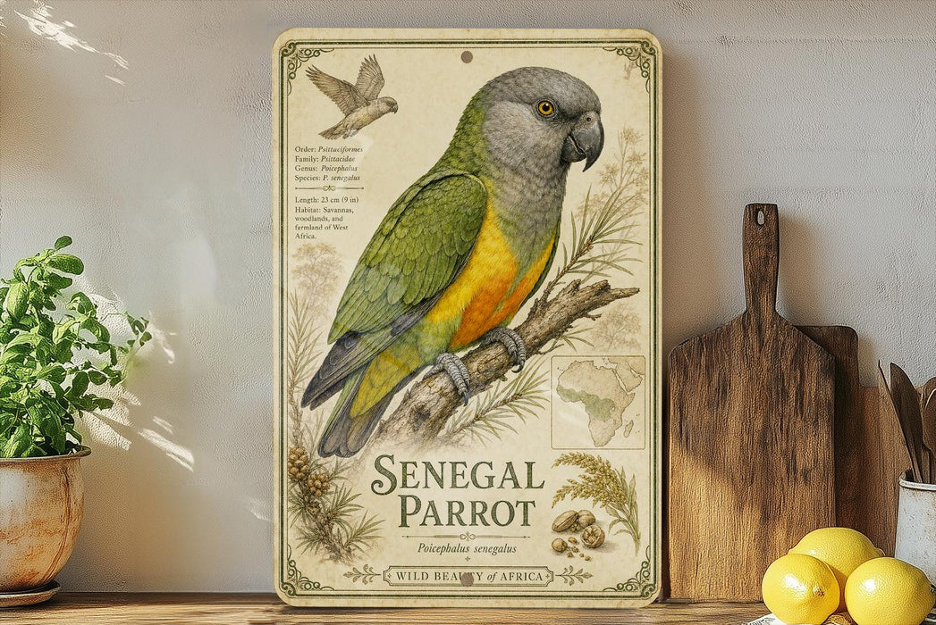 a decorative sign with a colorful illustration of a green and yellow parrot, placed on a wooden surface next to a potted plant and a wooden cutting board.