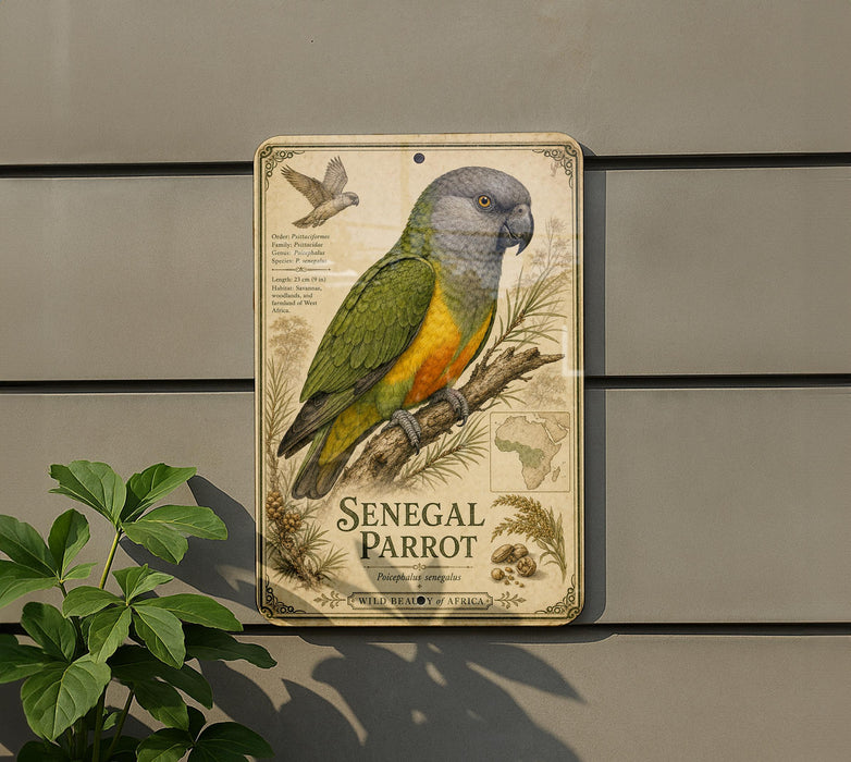 a decorative sign with a colorful illustration of a Senegal parrot perched on a branch, surrounded by foliage.