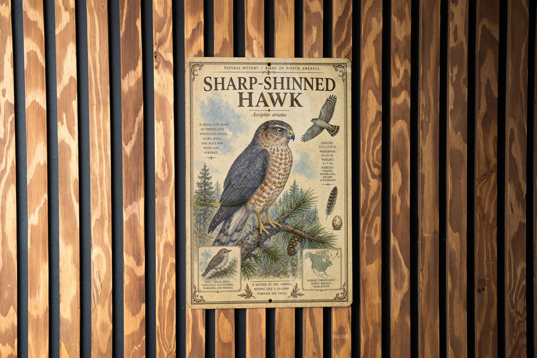 a poster of a sharp-shinned hawk, which is a bird of prey known for its distinctive appearance and hunting abilities.