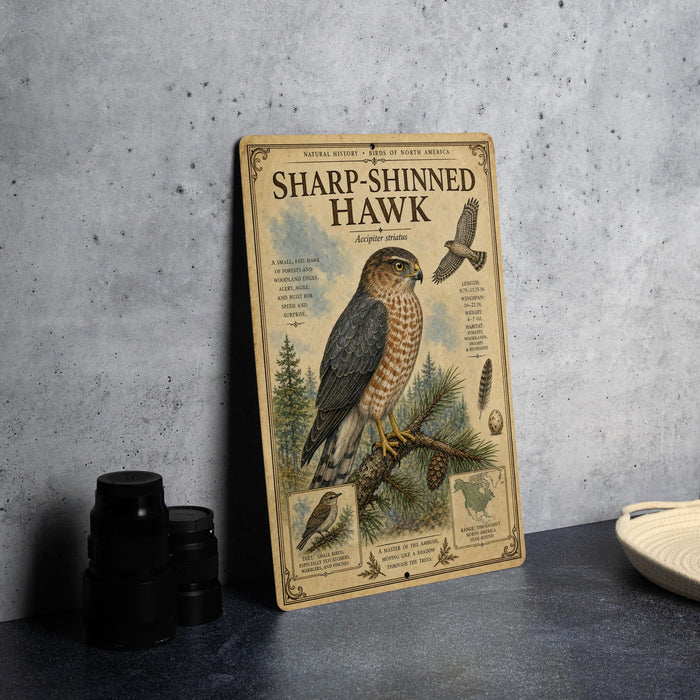 a vintage-style metal sign with illustrations and text about a sharp-shinned hawk, placed on a table next to some black camera lenses.