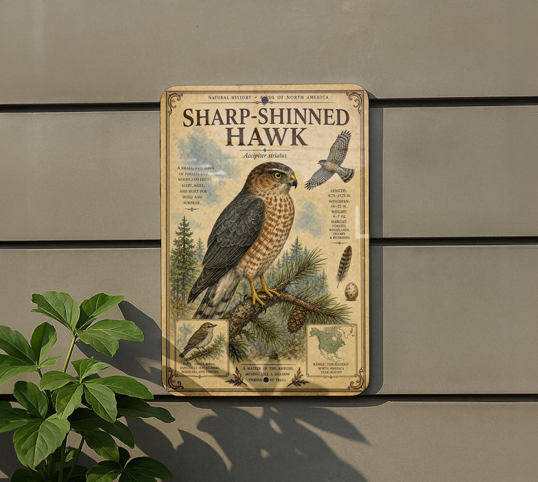 a metal sign with a picture of a sharp-shinned hawk, mounted on a wall.