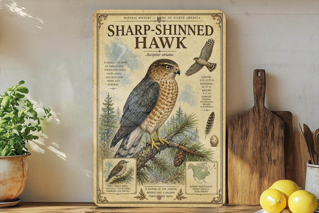 a poster of a sharp-shinned hawk, with illustrations and text providing information about the bird.