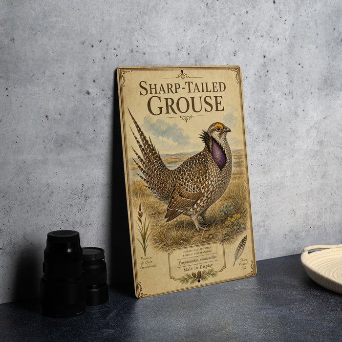 a vintage-style metal sign with an illustration of a sharp-tailed grouse, placed on a gray countertop next to a stack of black camera lenses.