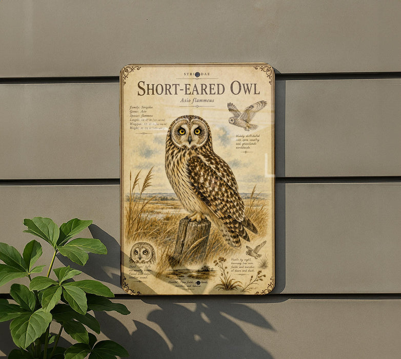 a metal sign with an illustration of a short-eared owl, mounted on a wall next to a plant.
