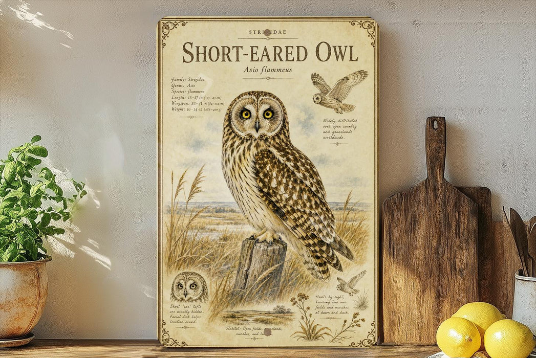 a poster of a short-eared owl, which is a type of owl with distinctive short ears and a unique appearance. The poster is displayed on a wall, surrounded by various kitchen items such as a cutting board, a knife, a bowl, and a potted plant.