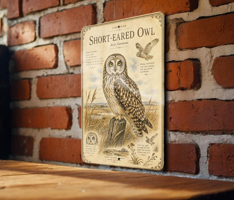 a metal sign with an illustration of a short-eared owl, mounted on a brick wall.