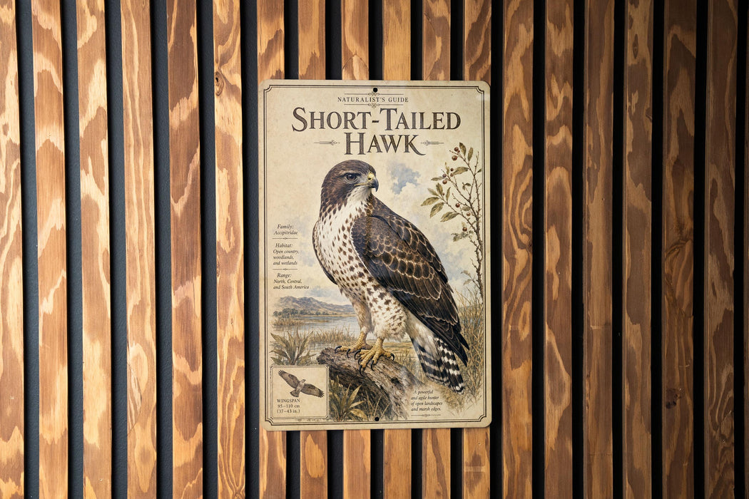 a metal sign with a picture of a short-tailed hawk, mounted on a wooden wall.