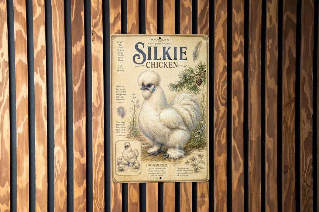A metal sign with an illustration of a white chicken, labeled "Silkie Chicken", is displayed against a wooden background.