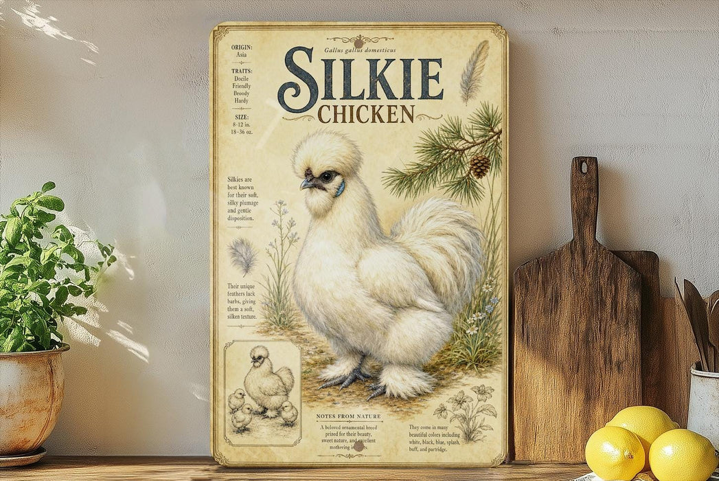 a vintage-style illustration of a Silkie chicken, which is a breed of chicken known for its fluffy white feathers and distinctive appearance. The illustration is displayed on a wooden shelf, accompanied by a potted plant, a cutting board, and some lemons.