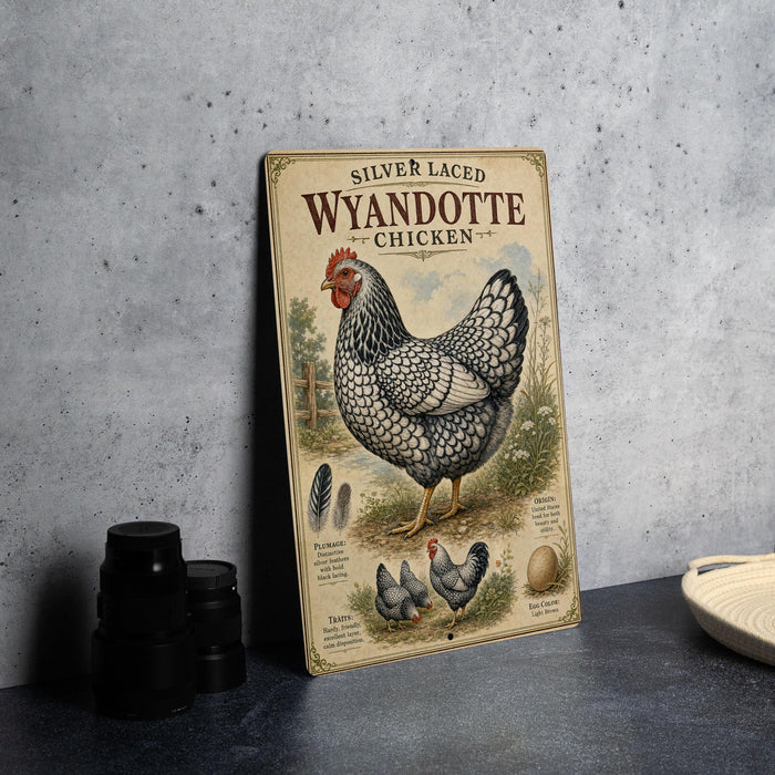 A vintage-style illustration of a silver-laced Wyandotte chicken is displayed on a wall, accompanied by a stack of black camera lenses and a woven basket.
