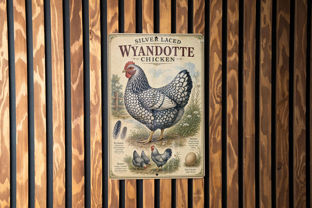 A vintage advertisement for Wyandotte chickens is displayed on a wooden wall.