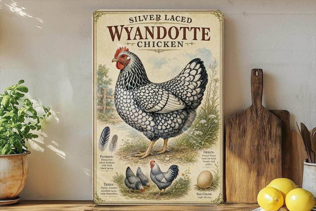 a vintage-style poster of a silver-laced Wyandotte chicken, which is a breed of chicken known for its distinctive appearance and coloration. The poster is displayed on a wooden shelf, surrounded by various kitchen items such as a wooden cutting board, a lemon, and a potted plant.