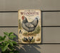 A vintage-style metal sign with an illustration of a Wyandotte chicken, mounted on a wall.