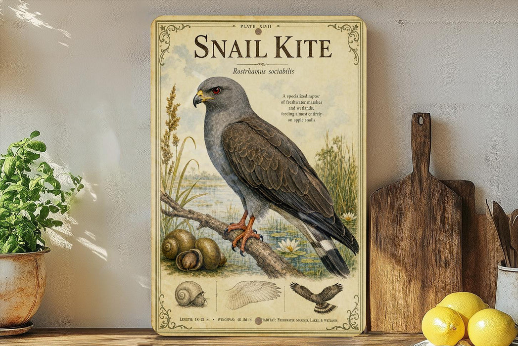 a vintage-style illustration of a snail kite, a bird with a distinctive appearance, perched on a branch with various natural elements such as leaves, flowers, and snails.