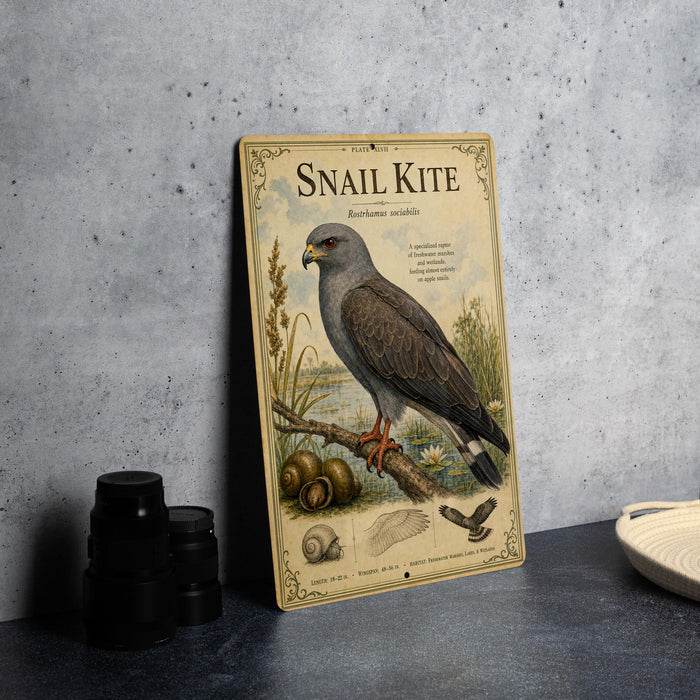 a vintage-style illustration of a bird, specifically a snail kite, perched on a branch.