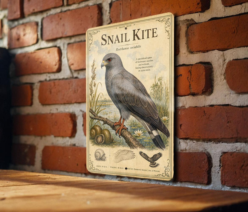 A metal sign with an illustration of a snail kite is mounted on a brick wall.