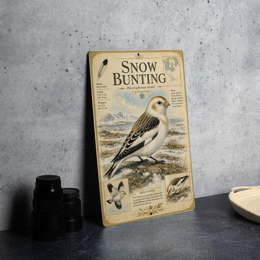 a vintage-style metal plaque with illustrations and text about snow bunting, a small bird species.