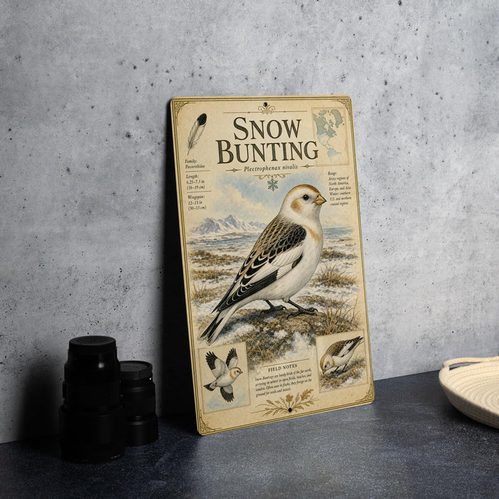 a vintage-style metal plaque with illustrations and text about snow bunting, a small bird species.