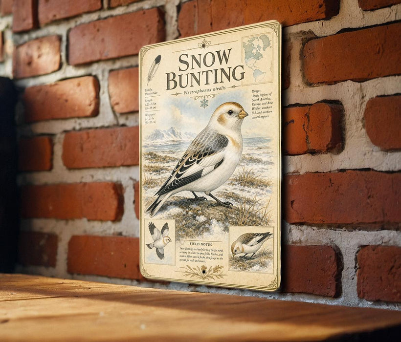 a vintage-style illustration of a snow bunting bird on a brick wall, accompanied by text and illustrations.