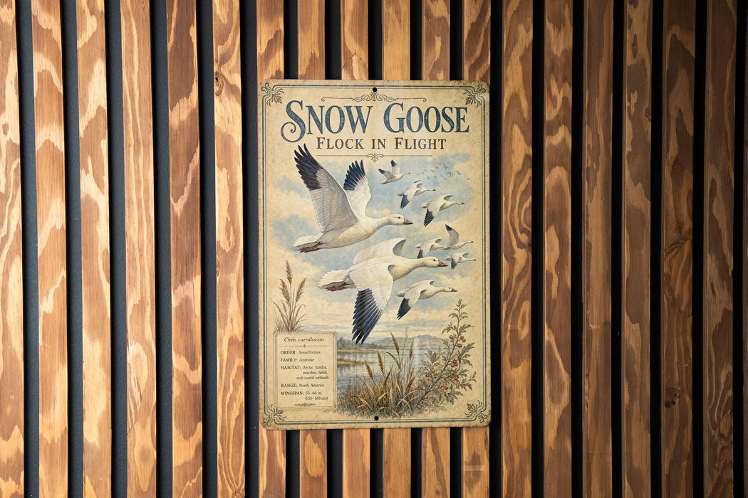 A vintage-style sign with the text "Snow Goose Flock in Flight" is displayed on a wooden wall.