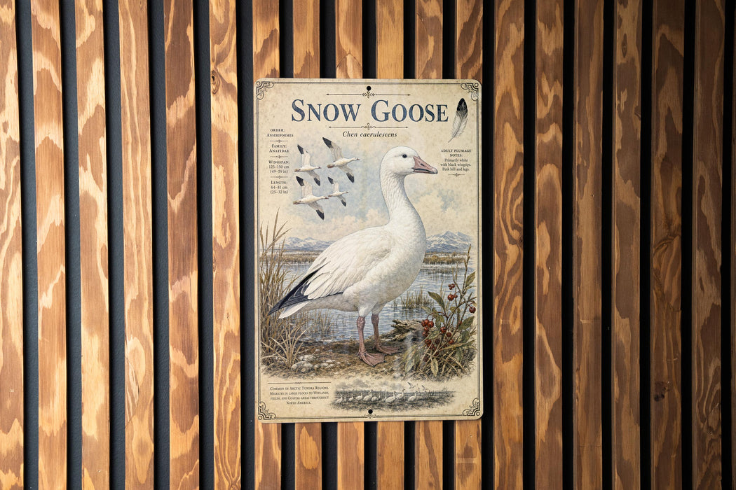 A metal sign with a white goose illustration is mounted on a wooden wall.