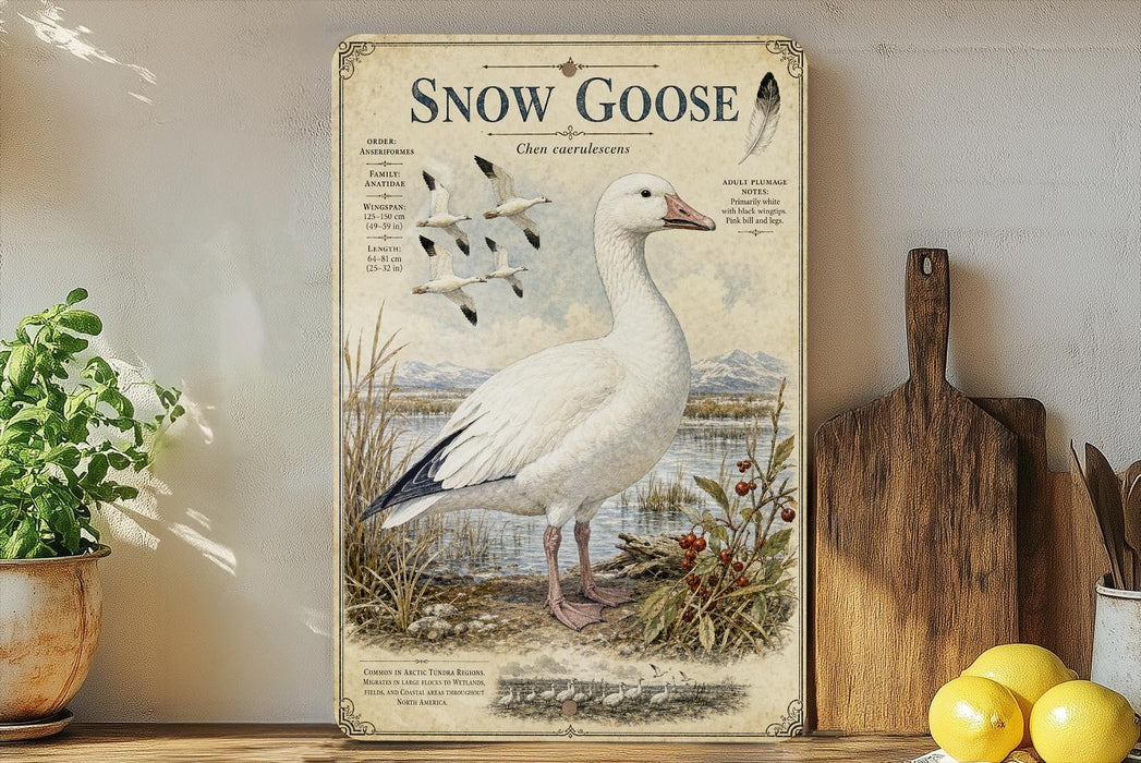 a detailed illustration of a Snow Goose, a large white bird, standing on a grassy area near a body of water. The goose is surrounded by various elements, including a potted plant, a wooden cutting board, and a bowl of fruit. The image also includes text that provides information about the Snow Goose, such as its size, habitat, and diet.