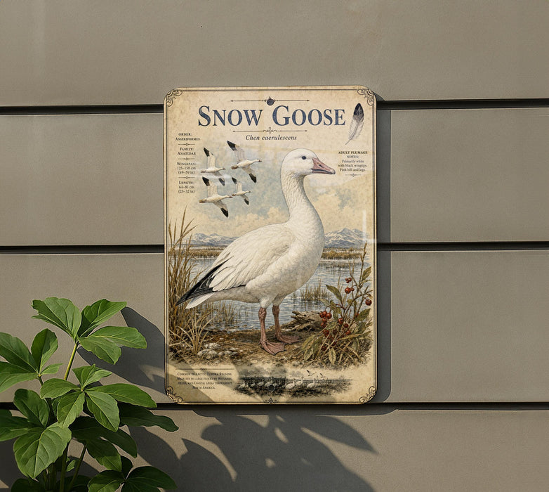 a detailed illustration of a Snow Goose, with its distinctive white plumage and black legs, standing on a grassy area near a body of water. The goose is surrounded by various elements, including a plant and a bird in flight, creating a serene and natural scene.
