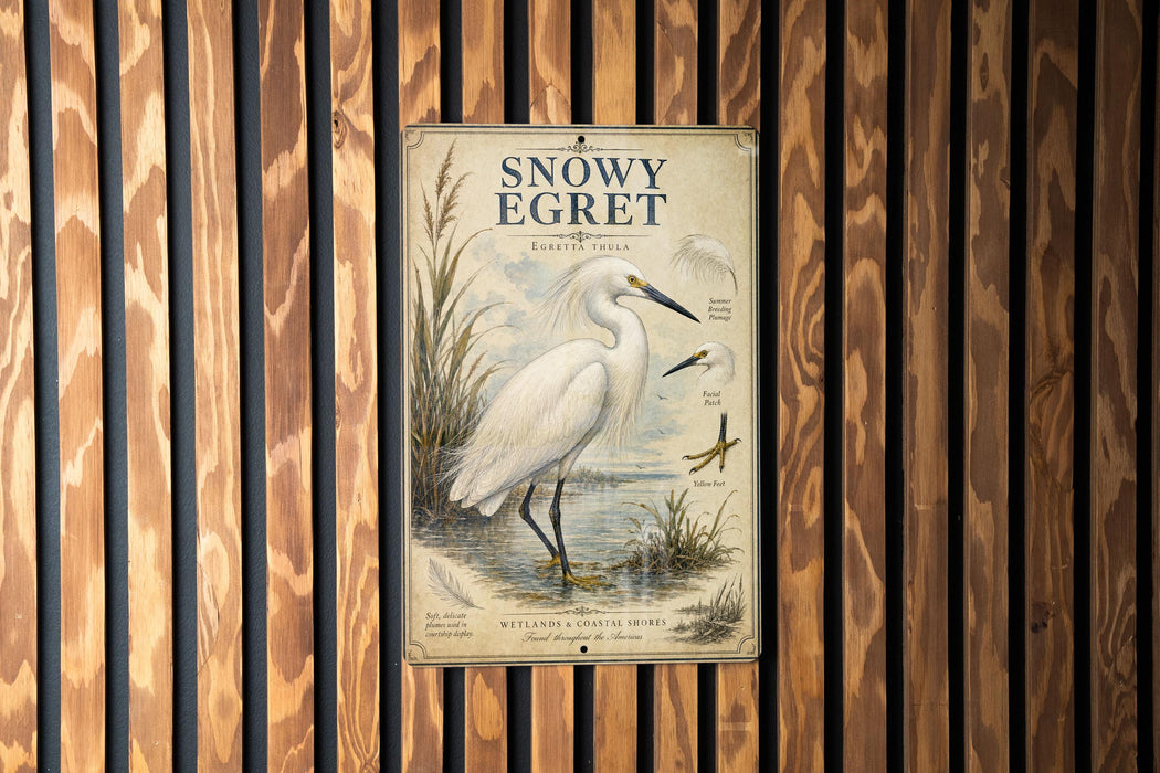 A vintage-style metal sign with a white egret illustration and text, mounted on a wooden wall.