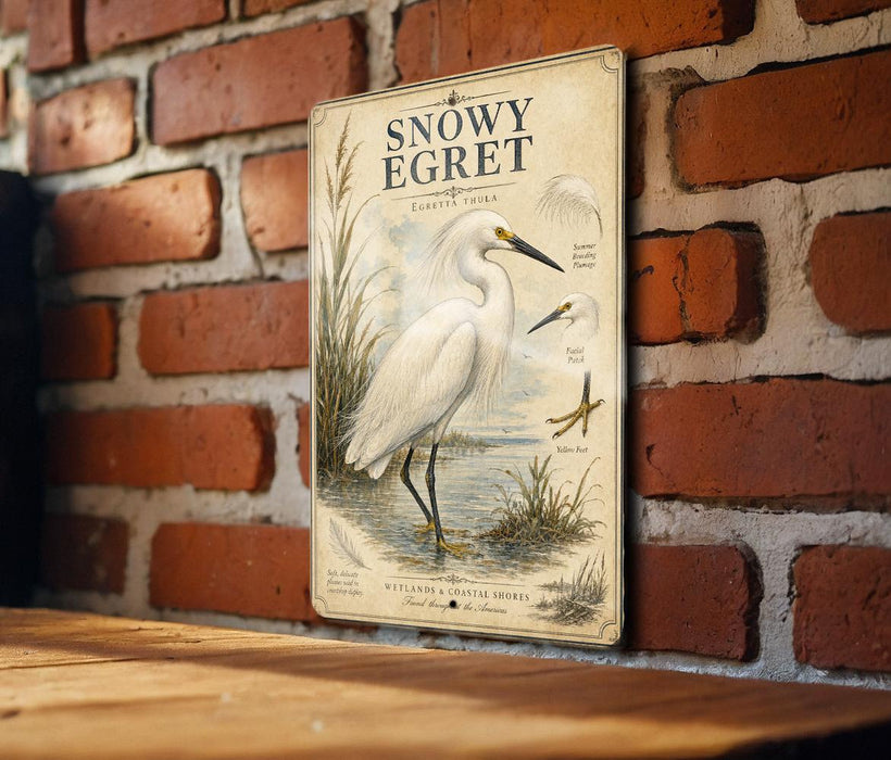A vintage-style metal plaque with an illustration of a snowy egret standing on a brick wall.