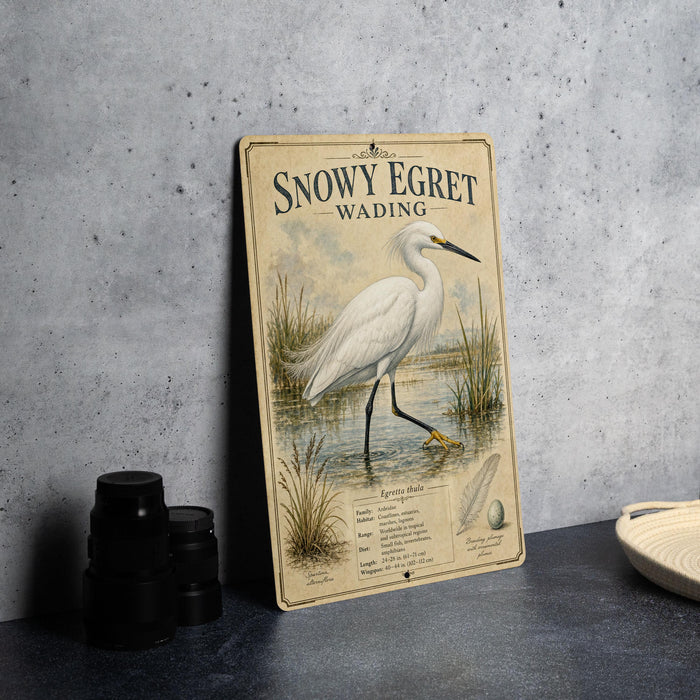 A vintage-style metal sign featuring an illustration of a snowy egret wading in a marshy area, with text describing the bird species.
