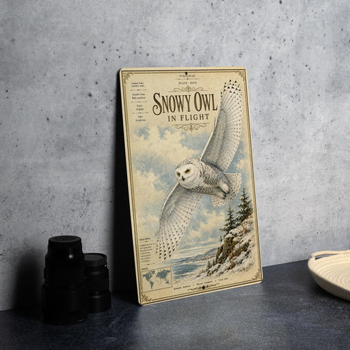 a vintage-style poster of a snowy owl in flight, with a detailed illustration of the bird and a snowy landscape in the background.