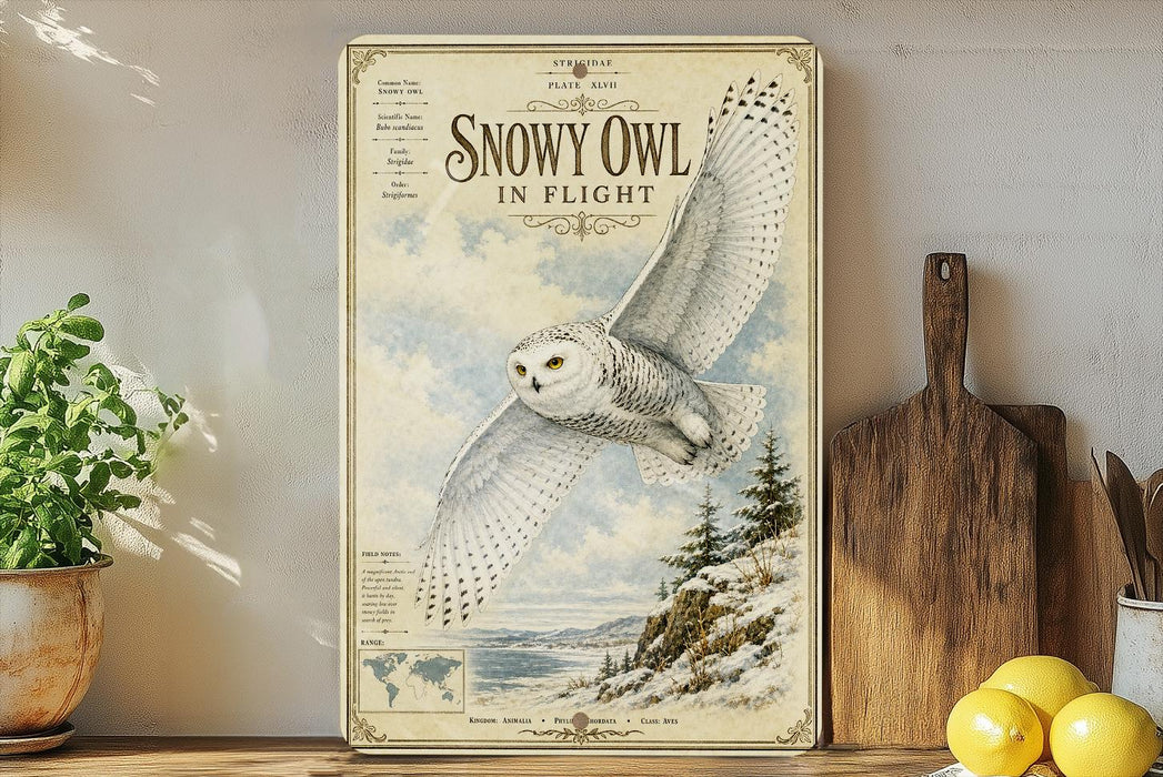A framed poster of a snowy owl in flight is displayed on a wall, with a wooden cutting board and a potted plant to the side.