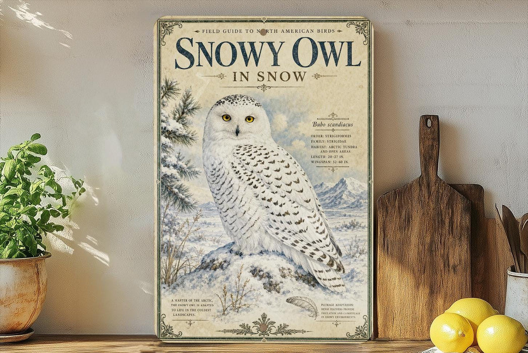 a poster of a snowy owl perched on a rock, surrounded by snowy landscapes and pine trees.