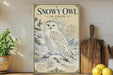 a poster of a snowy owl perched on a rock, surrounded by snowy landscapes and pine trees.