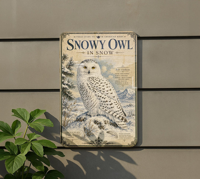 a vintage-style metal sign with a snowy owl illustration, mounted on a wall next to a plant.