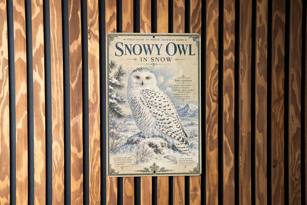 A vintage-style poster of a snowy owl is displayed on a wooden wall.