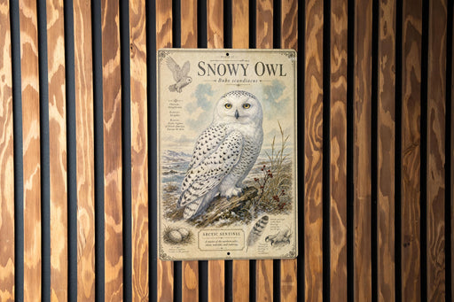 A metal sign featuring an illustration of a snowy owl, with text describing the bird species.